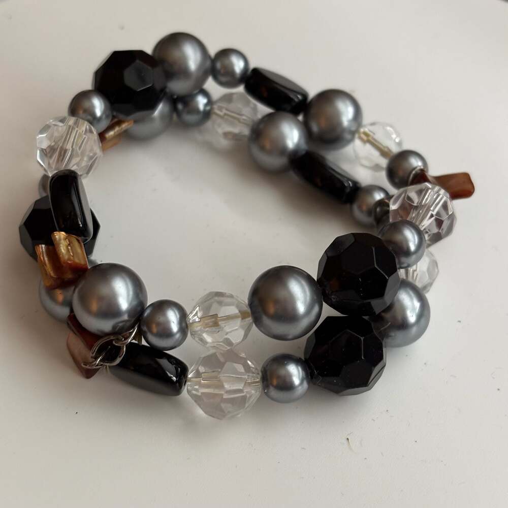 Multi-Strand Beaded Stretch Bracelet Faux Pearls Black Faceted Beads